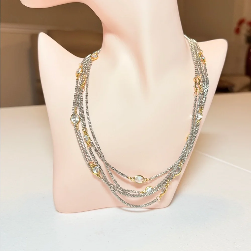 Multi-Strand Silver and Gold Crystal Necklace